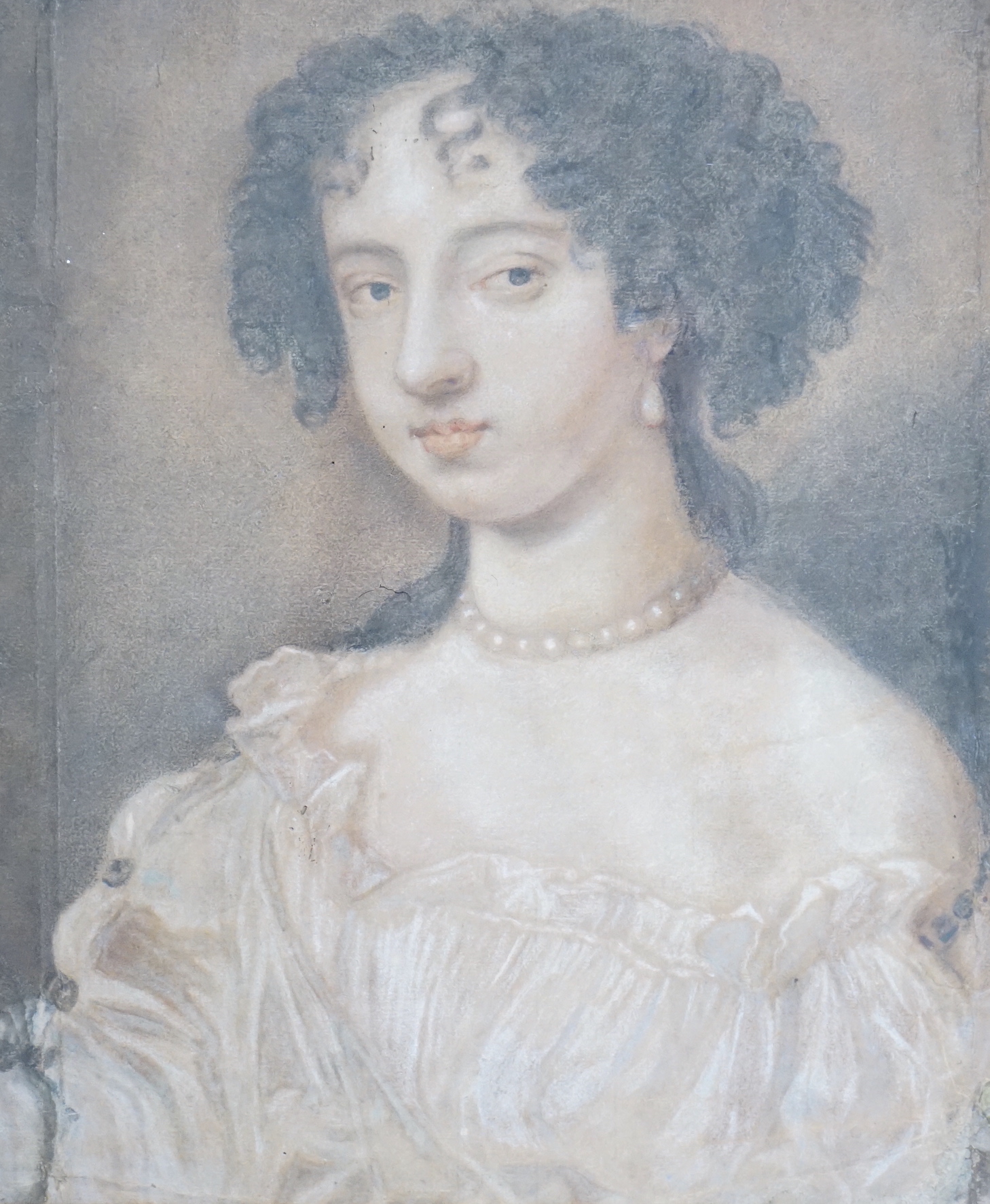 After Peter Lely (1618-1680) heightened pastel, Portrait of Nell Gwyn, unsigned, details verso, 28 x 24cm